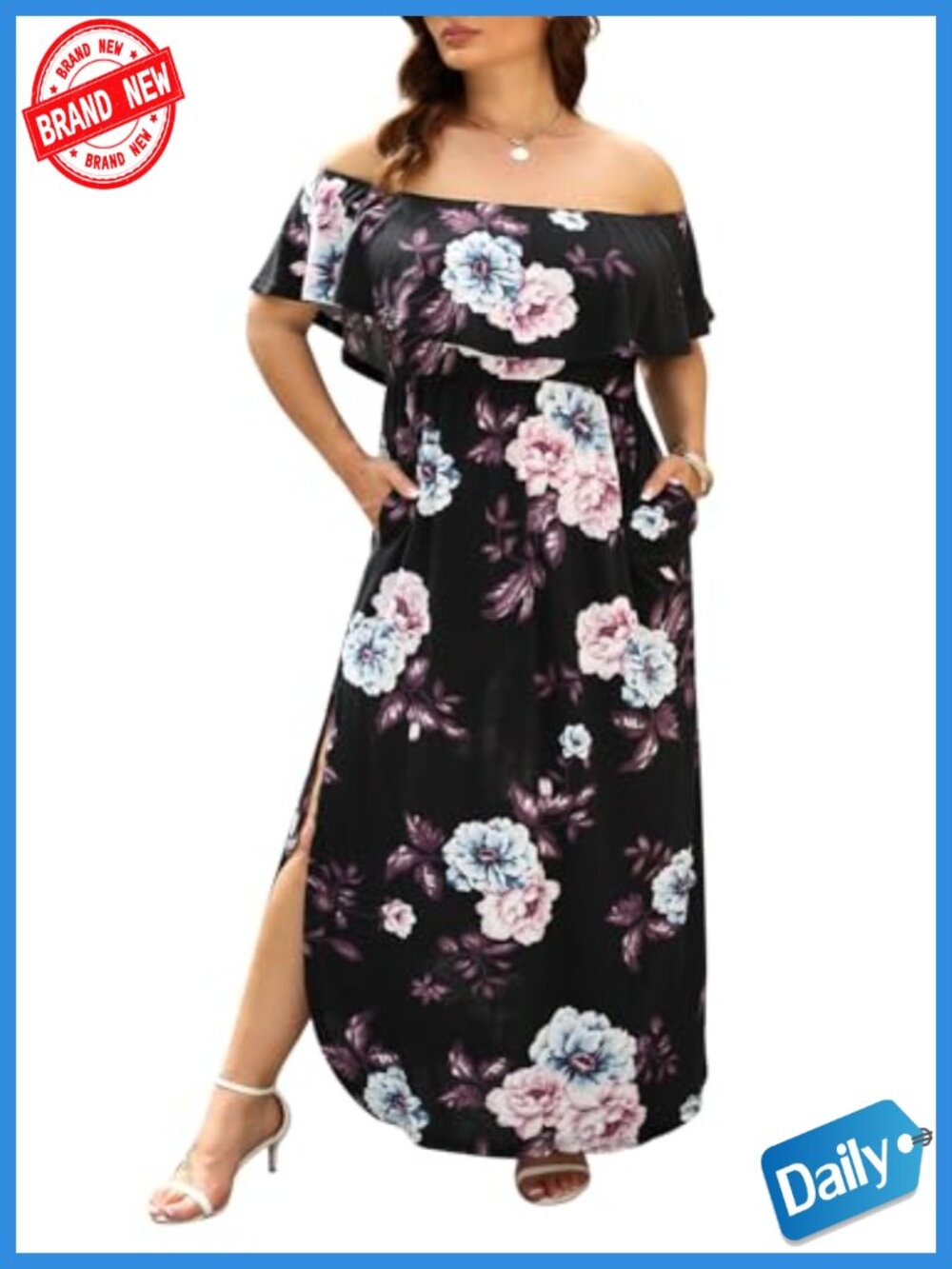 Plus Size Off Shoulder Maxi Dress Flounce Layer Slit Pockets